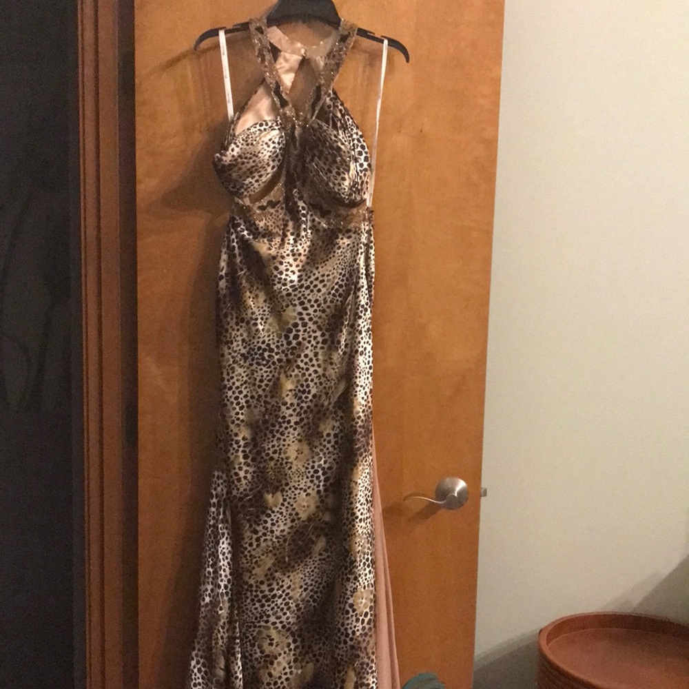 Formal Beaded Gold Cheetah Print Gown
